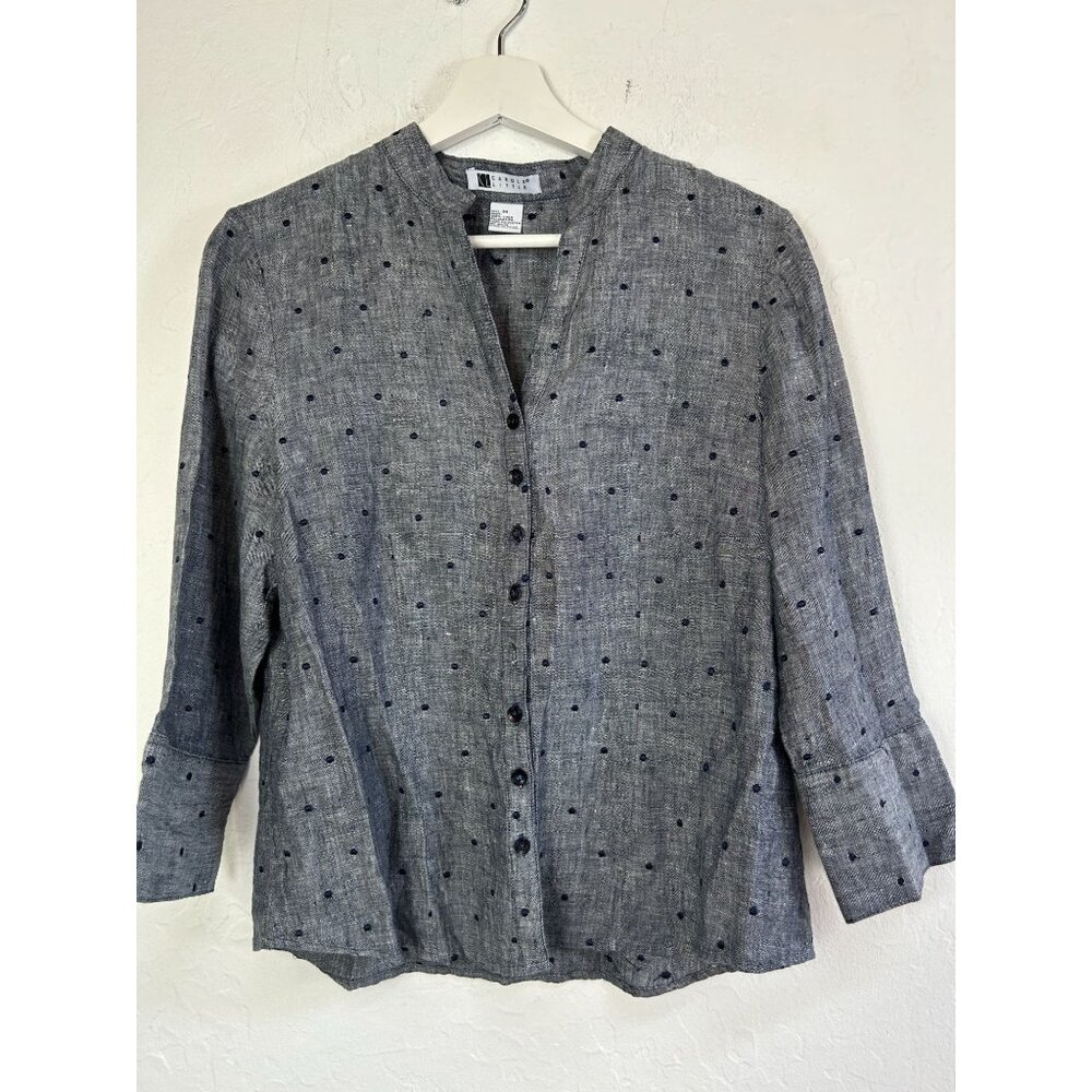 Carole Little Womens Gray Swiss Dot Linen 3/4 Sleeve Button Down Shirt Medium